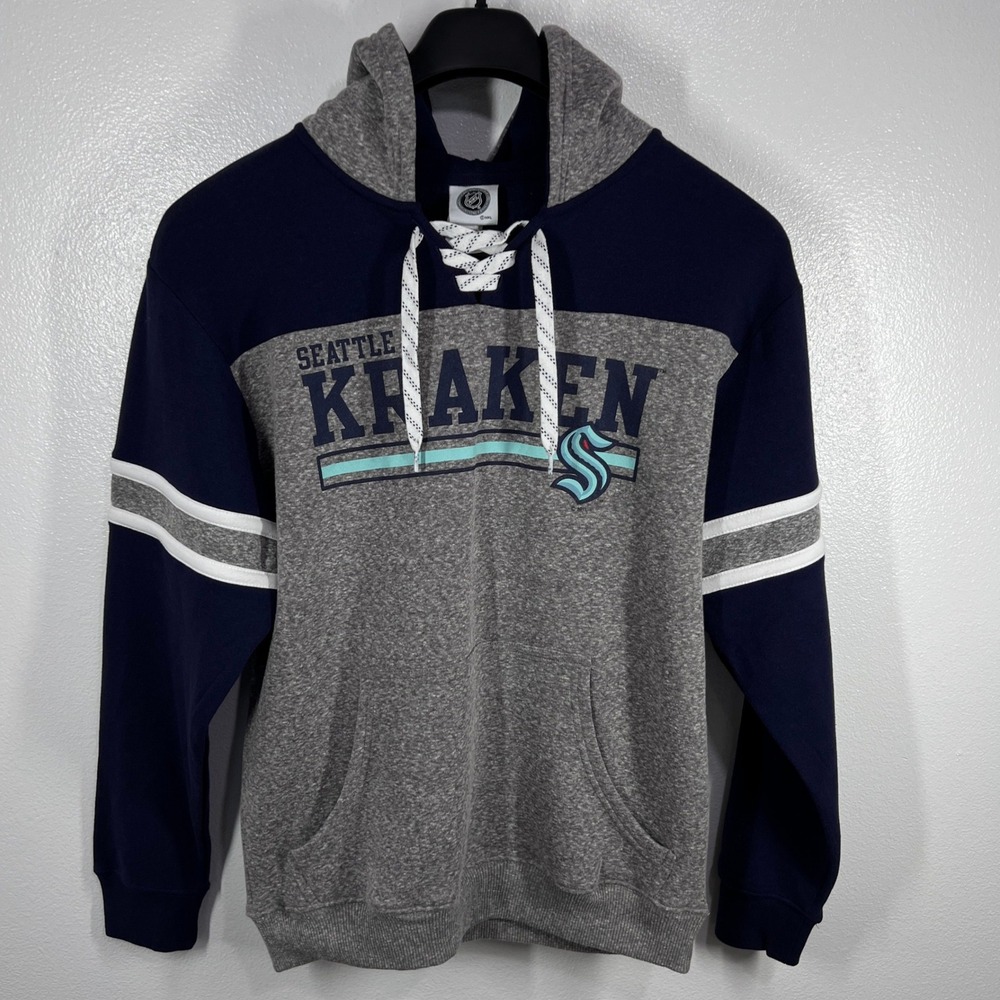 NHL‎ Seattle Kraken Hockey Lace Up Pullover Hoodie Striped Sleeves Medium Logo